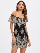 Shein Off Shoulder Embroidered Contrast Mesh Layered Dress