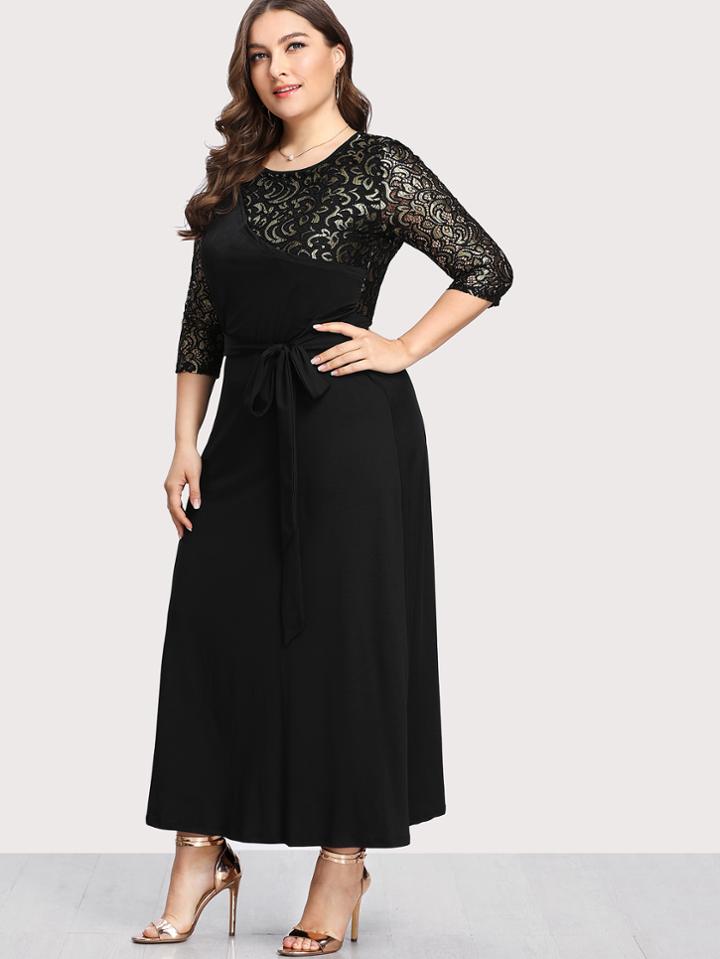 Shein Lace Contrast Tie Waist Dress