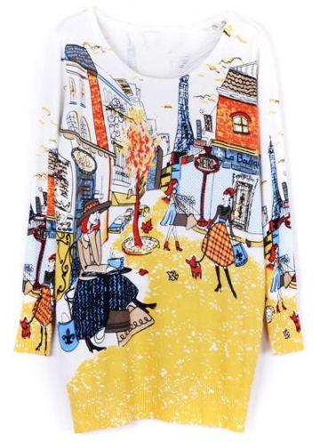 Shein Yellow Long Sleeve Paris Print Sweater Dress