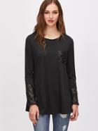 Shein Black Contrast Sequin Trim Shift T-shirt