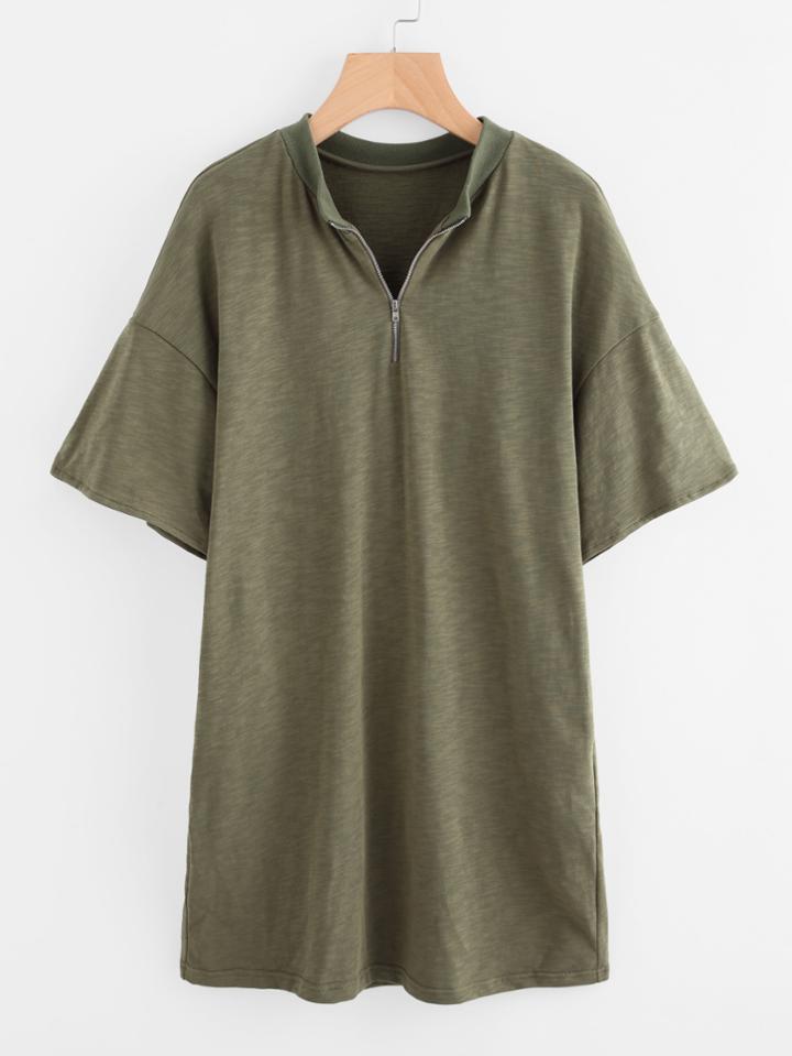 Shein Zip Front Ribbed Neck Slub Tee