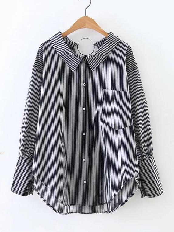 Shein Grey Striped Dip Hem Pocket Ring Accent Back Blouse