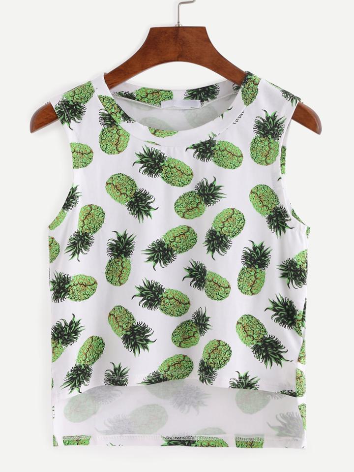 Shein Pineapple Print High-low Crop Tank Top - Green