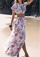 Rosewe Cap Sleeve Crop Top And Printed Maxi Skirt