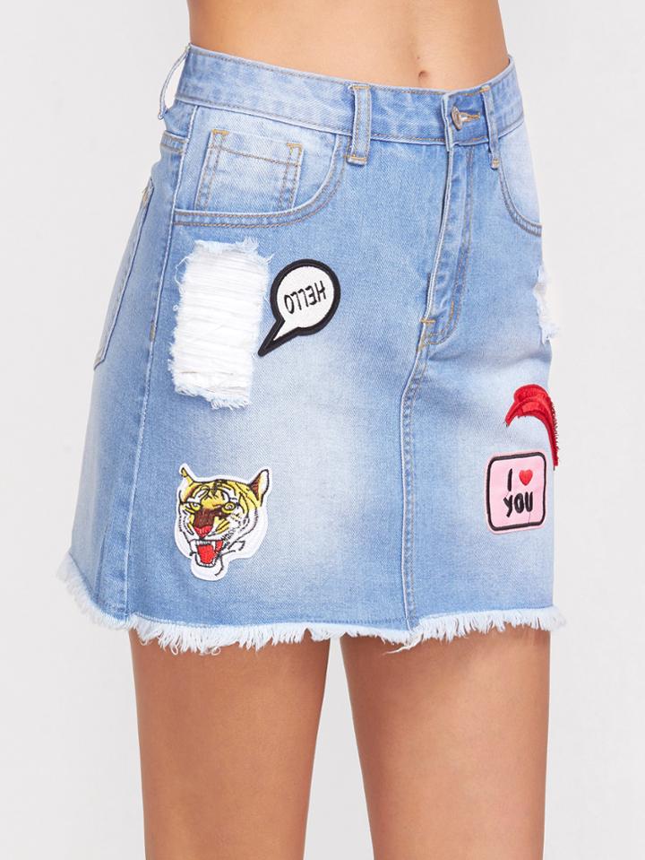 Shein Blue Bleach Wash Patch Detail Frayed Denim Skirt