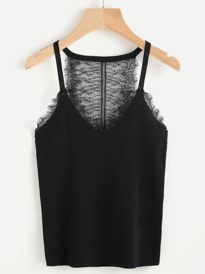 Shein Eyelash Lace Panel Jersey Cami Top