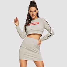 Shein Raglan Sleeve Letter Crop Pullover And Striped Skirt Set