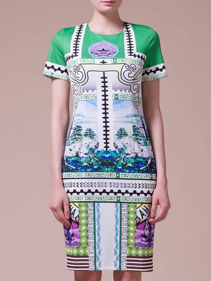 Shein Green Crew Neck Print Sheath Dress