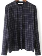 Shein Navy Stand Collar Plaid Slim Blouse