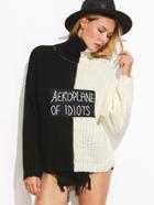 Shein Color Block Turtleneck Patch Chunky Knit Sweater