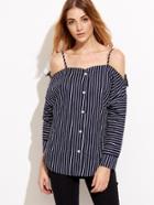 Shein Navy Striped Cold Shoulder Button Front Top