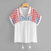 Shein Geo Embroidered Tie Neck Blouse