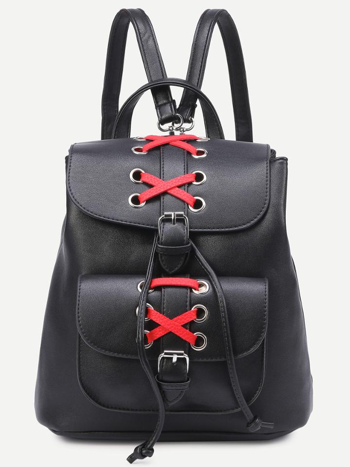 Shein Black Eyelet Latice Detail Buckle Flap Backpack