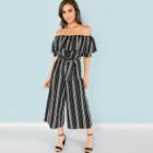 Shein Flounce Foldover Off Shoulder Wide Leg Striped Jumpsuit