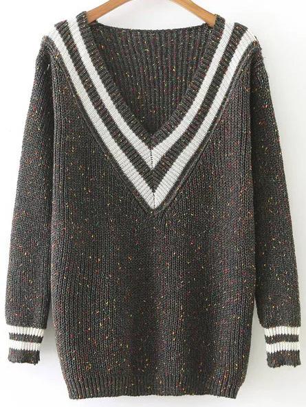 Shein Striped V Neck Ribbed Trim Loose Sweater