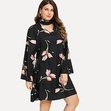 Shein Plus V Cut Choker Neck Floral Print Dress