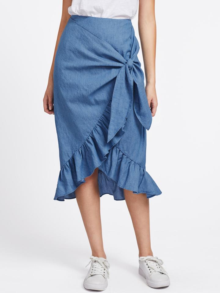 Shein Flounce Hem Knotted Overlap Chambray Skirt