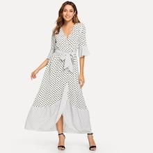 Shein Bell Sleeve Ruffle Trim Polka Dot Wrap Dress