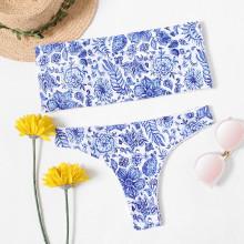 Shein Plus Porcelain Print Cutout Bandeau Bikini Set