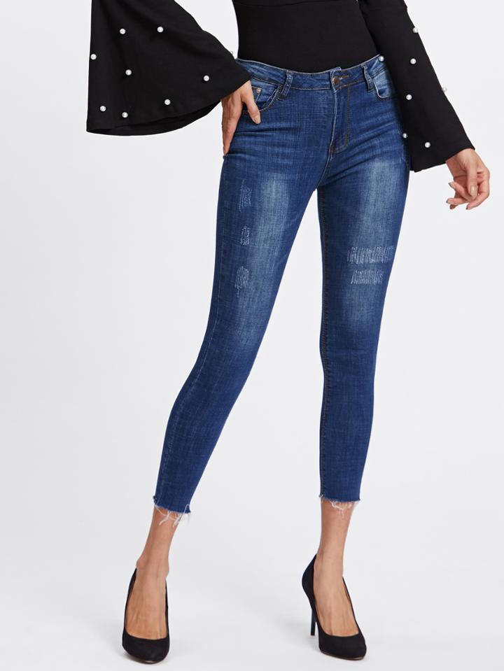 Shein Bleach Wash Frayed Hem Skinny Jeans