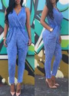 Rosewe V Neck Pocket Design Blue Sleeveless Jumpsuit