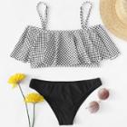Shein Plus Flounce Cold Shoulder Plaid Bikini Set