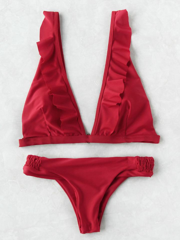 Shein Frill Trim  Plunge Neckline Bikini Set