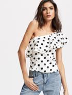 Shein Textured Dots Oblique Shoulder Frill Top