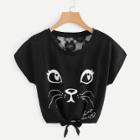 Shein Animal Print Lace Back Knot Front Tee