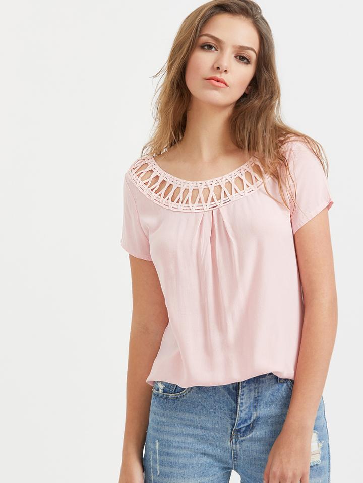 Shein Pink Lattice Neck T-shirt