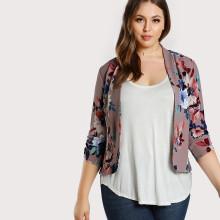 Shein Plus Shirred Cuff Stretch Knit Floral Blazer
