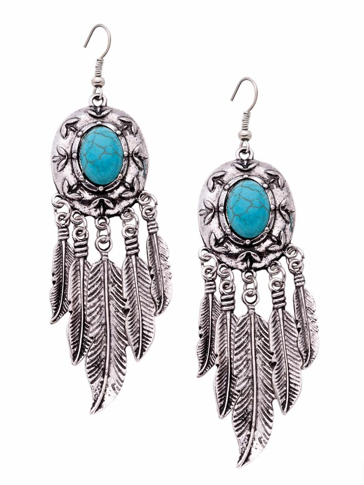 Shein Antique Silver Turquoise Metal Feather Fringe Drop Earrings