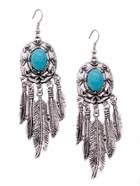 Shein Antique Silver Turquoise Metal Feather Fringe Drop Earrings