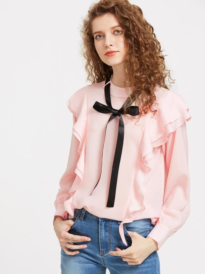 Shein Contrast Tie Neck Cuffed Sleeve Frill Top