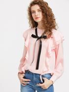 Shein Contrast Tie Neck Cuffed Sleeve Frill Top