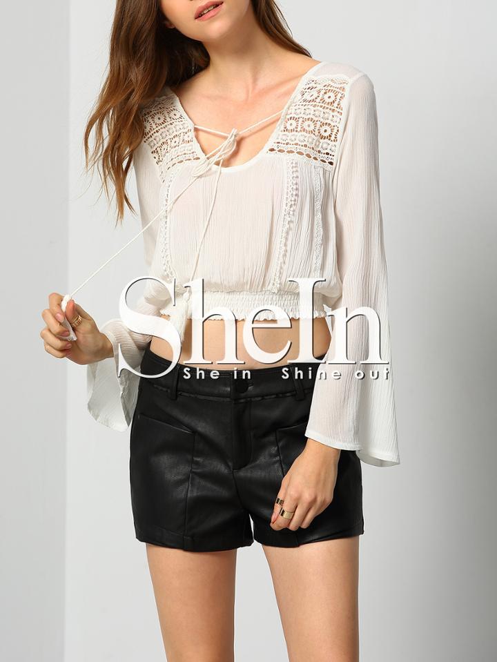 Shein White Scoop Neck Bell Sleeve Crochet Hollow Crop Blouse