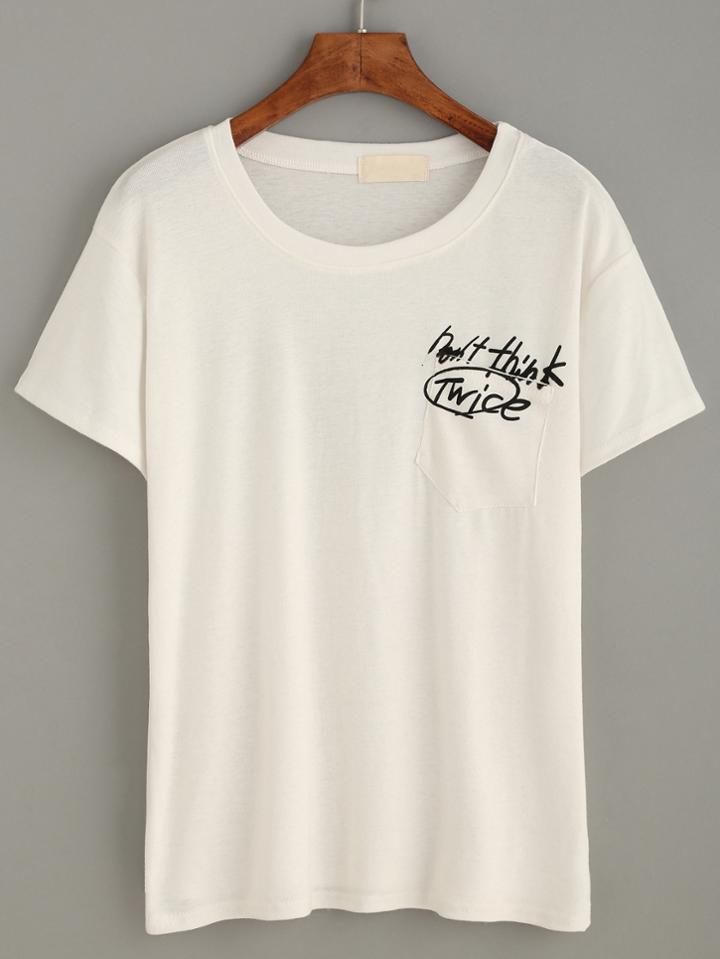 Shein White Letter Print Drop Shoulder Pocket T-shirt