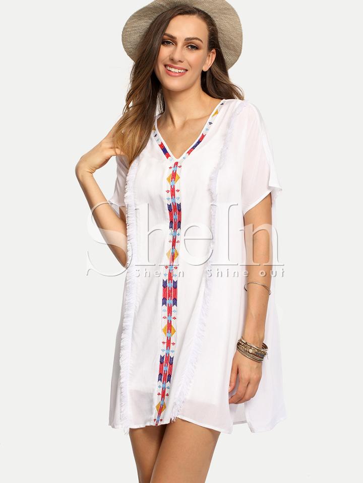 Shein White V Neck Embroidered Tassel Shift Dress