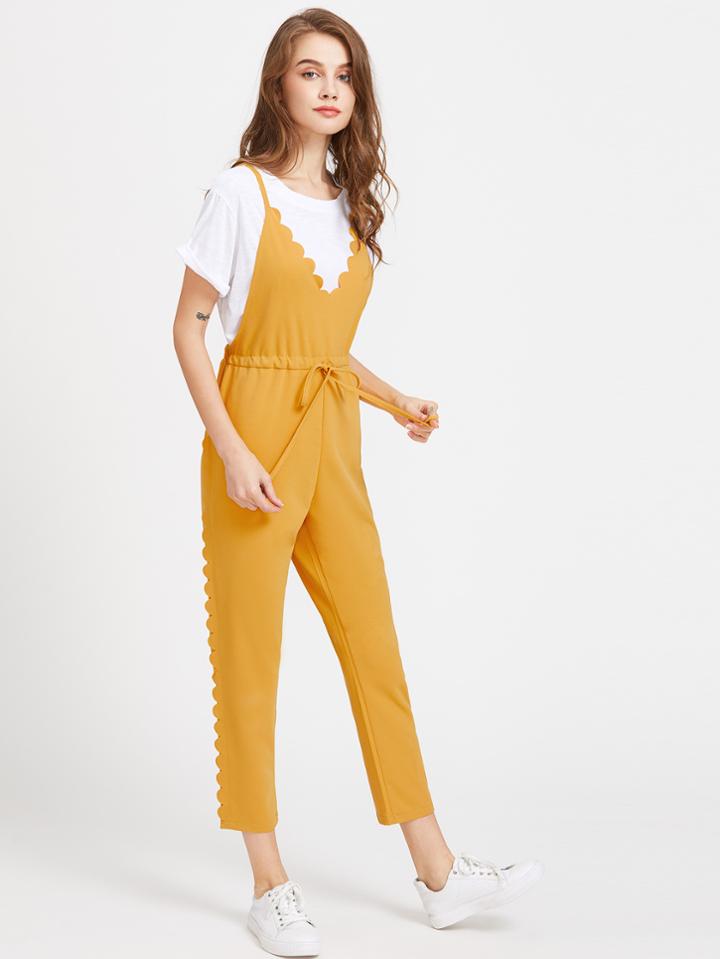 Shein Criss Cross Back Scallop Trim Drawstring Waist Jumpsuit