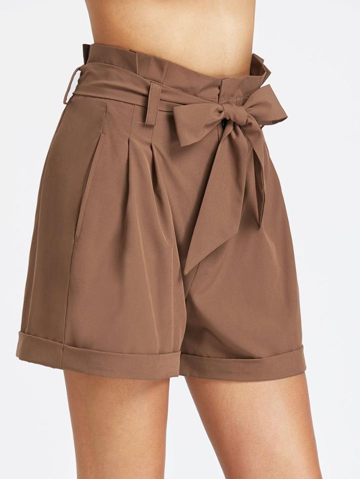 Shein Pleated Waist Self Belted Cuffed Hem Tailored Shorts