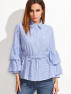 Shein Layered Bell Sleeve Pinstripe Drawstring Waist Blouse