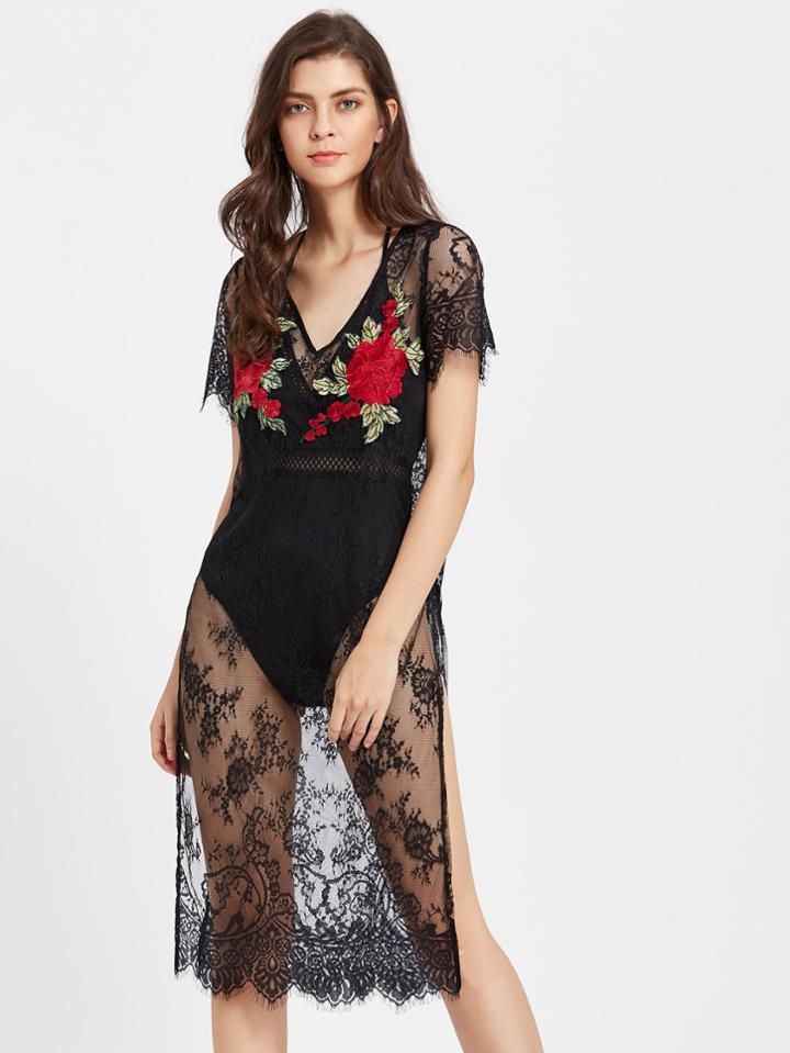 Shein Embroidered Appliques High Slit Floral Eyelash Lace Dress