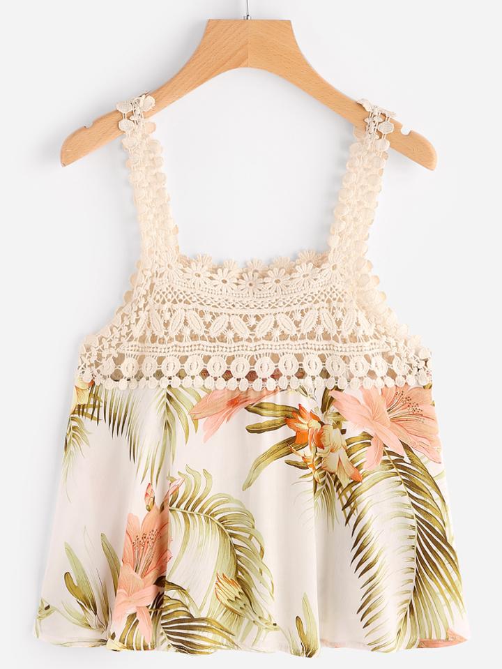 Shein Floral Print Contrast Crochet Lace Top