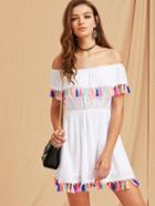 Shein Colorful Tassel Trim Elasticized Waist Frill Bardot Dress