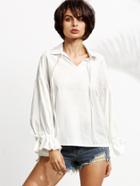 Shein White Lace Up Lantern Sleeve Ruffle High Low Top