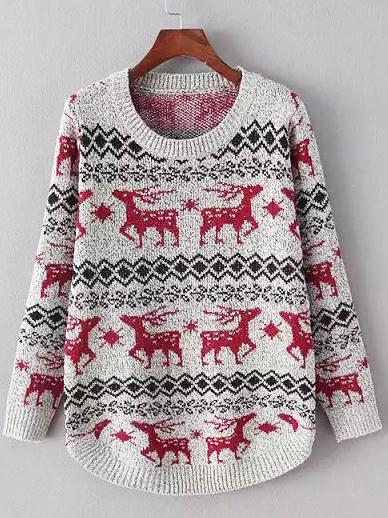 Shein Red Grey Round Neck Deer Print Sweater