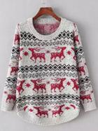 Shein Red Grey Round Neck Deer Print Sweater