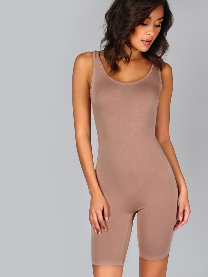 Shein Double Scoop Neck Ribbed Crop Skinny Jumpsuit