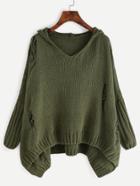 Shein Army Green Ripped High Low Hooded Sweater