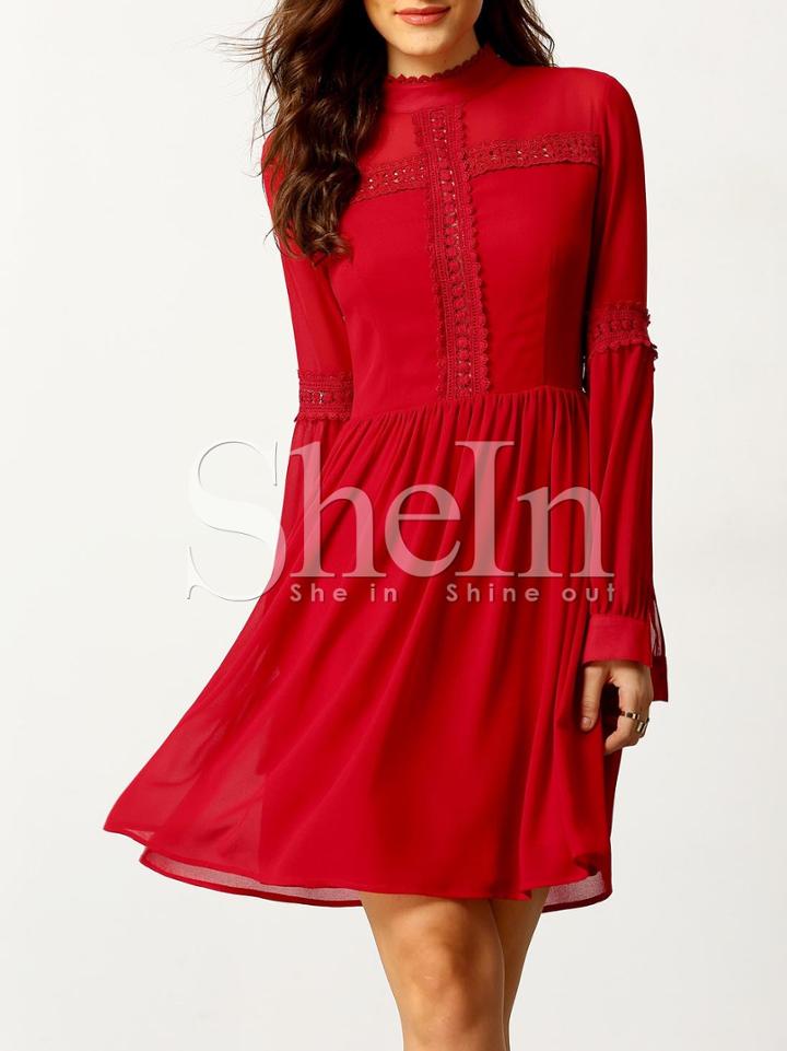 Shein Burgundy Lace Embroidered Button Back Dress